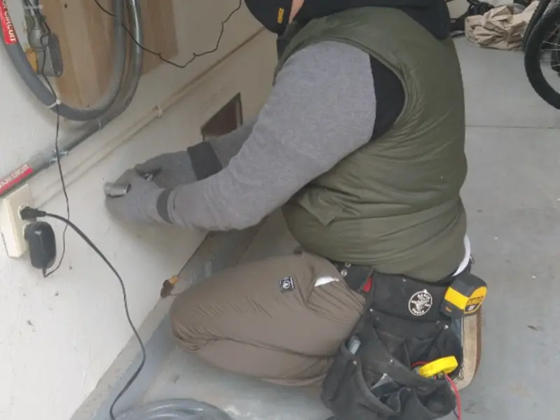 Electrician performing outlet wiring in a Temple garage